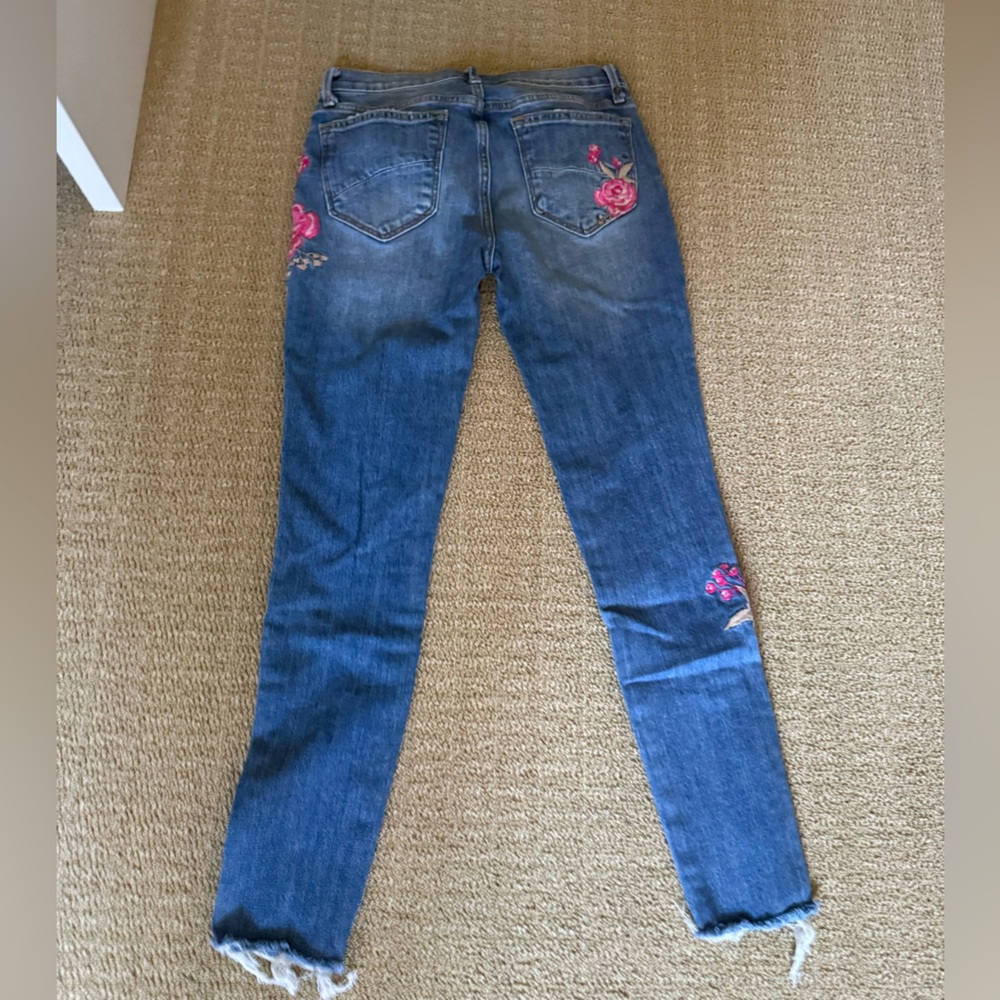 Driftwood Jackie Rose Floral Embroidered Skinny Jeans Raw Hem Stretch Size 25 - Picture 5 of 5